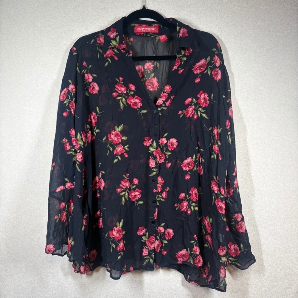 Gloria Vanderbilt Woman Black Floral Rose Sheer Bell Sleeve Button Down Top 2X